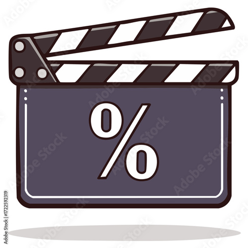 Movie clapper board revealing percentage symbol for promotion, marketing, cinema, and film industry sales campaign announcements.