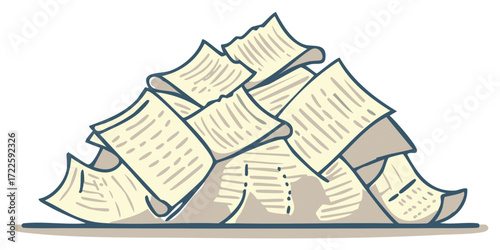 Cartoon Pile of Documents Stacked High with Papers and Sheets Overload Deadline