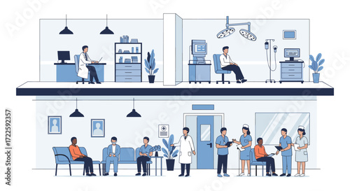 Modern medical clinic with waiting area and examination rooms.