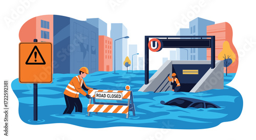 Workers responding to a flooded city street during a natural disaster.