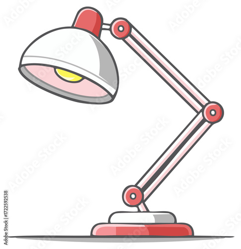 Bright red and white adjustable desk lamp emitting light in a friendly cartoon illustration style