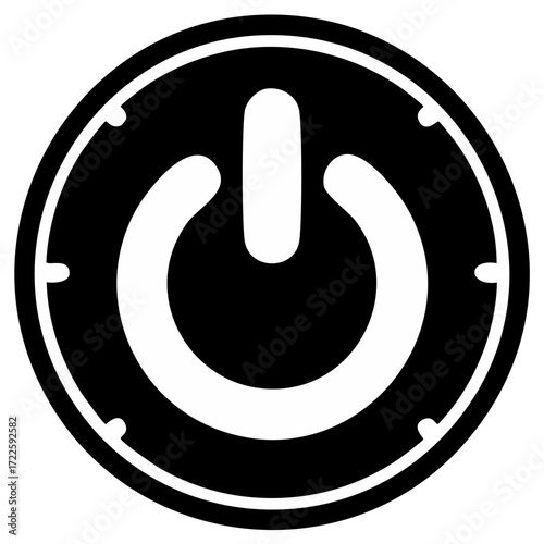 Dramatic Black and White Power Button Icon in Round Frame Graphic Illustration with Tick Marks Detailing Activation Symbol