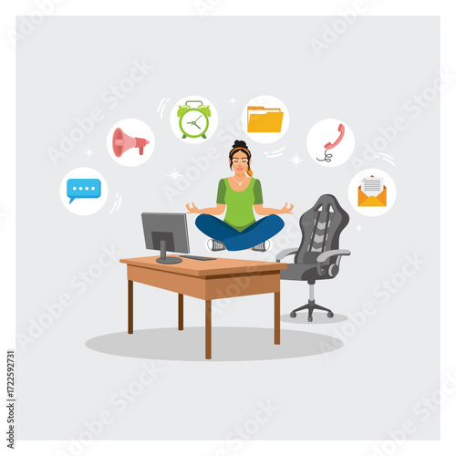 Challenge to Success Concept. Woman Practicing Meditation in a Busy Office Environment.