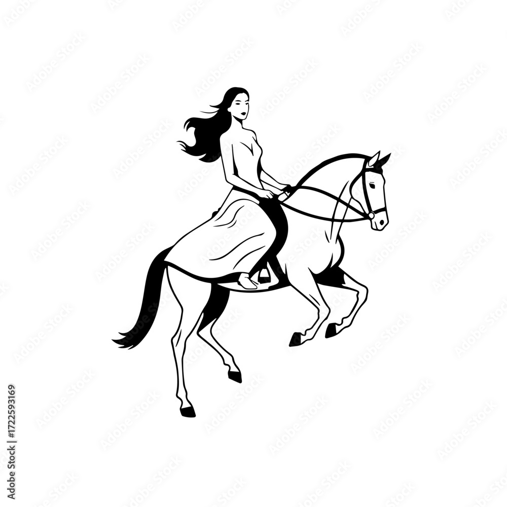 Obraz premium Black and white line art of a beautiful woman with perfect body riding horse elegant minimalist illustration
