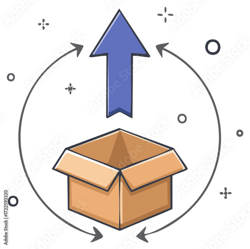 Cartoon Illustration of a Cardboard Box with Upward Arrow and Arrows Around