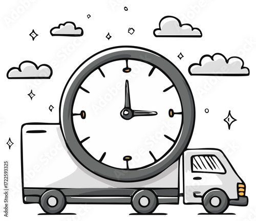 Delivery truck with oversized clock promises on time transportation and package distribution services