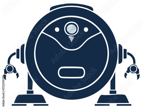 Dark Blue Cartoon Robot Character with Grabbing Hands and Circular Body