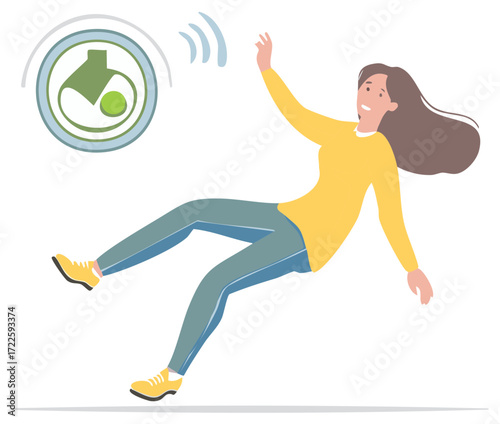 A woman falling down while a personal emergency response system sensor sends a wireless alert signal.
