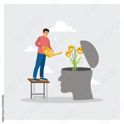 Challenge to Success Concept. Person Nurturing Positive Thoughts by Watering Flowers in Human Head.