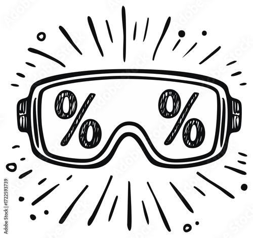 Hand-drawn virtual reality headset with glowing percentage symbols representing sales and discounts