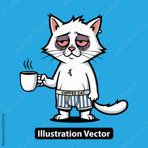 Sleepy Cartoon Cat Drinking Coffee in Pajamas Vector Illustration