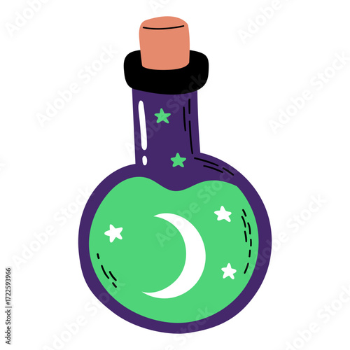 A potion bottle with green liquid moon and stars