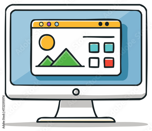 Doodle Style Computer Screen Displaying a Web Page with Images and Icons