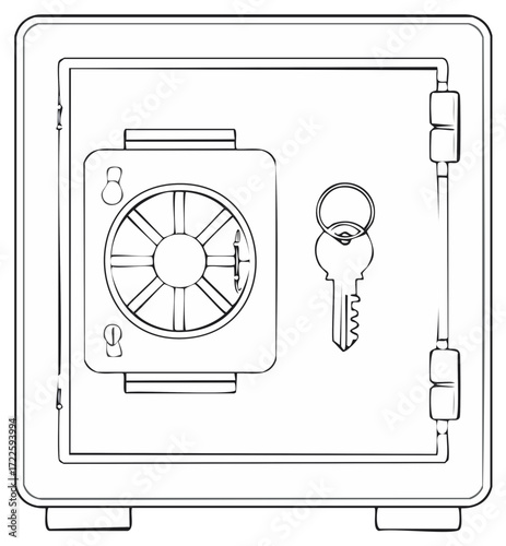 Detailed line art illustration of a sturdy metal safe with a combination lock and a key for secure protection
