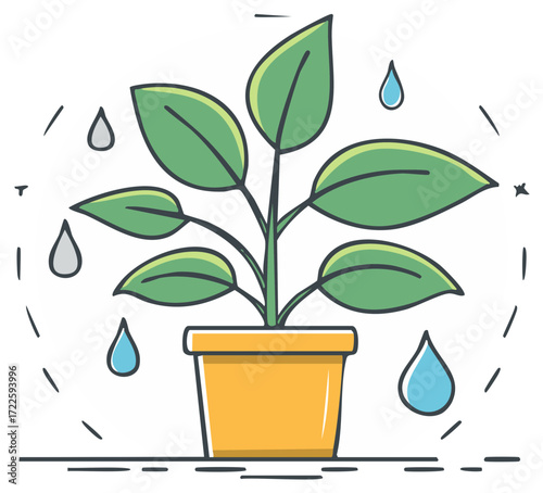 Green potted plant with falling water drops illustration for growth and care concept