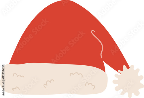 A red Santa hat with a white fuzzy trim and pompom