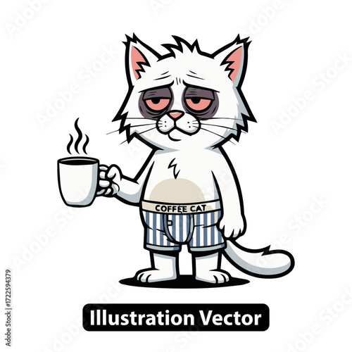 Exhausted feline cartoon character craving its first energizing cup of coffee in the morning