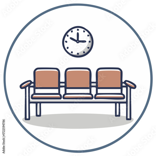 Empty waiting room chairs with a wall clock illustration for public lounge or appointment area