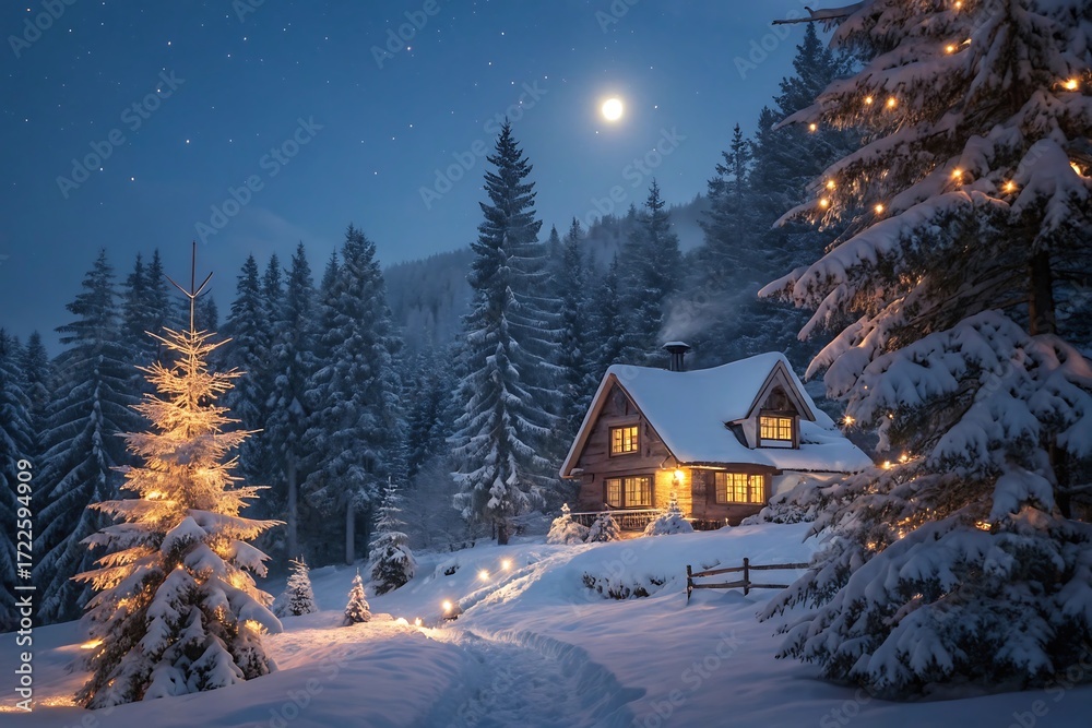 Fototapeta premium Cozy Log Cabin in a Snowy Forest at Night with Christmas Tree Lights and Full Moon winter