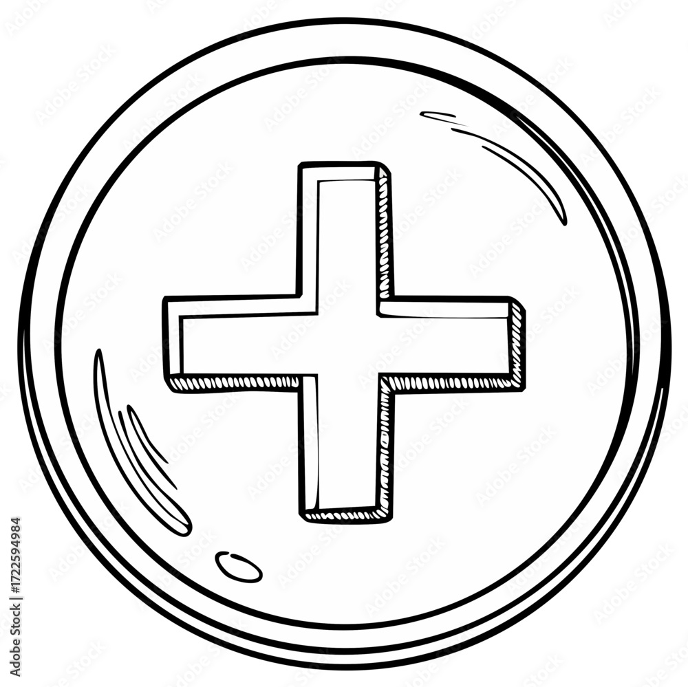 Obraz premium Plus symbol in round frame, outline sketch drawing. Addition sign, mathematics, medical, healthcare concept icon