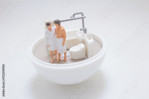 Miniature Couple In Bath Tub Scene With Shower Arm