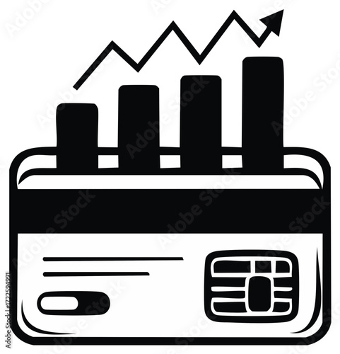 Credit card with financial growth chart showing increasing spending and profit
