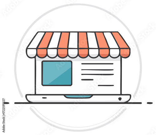 Online Storefront Concept Displayed on Laptop Computer with Striped Awning Roof