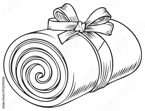Line art illustration of a rolled-up blanket or towel tied with a ribbon, featuring spiral details.