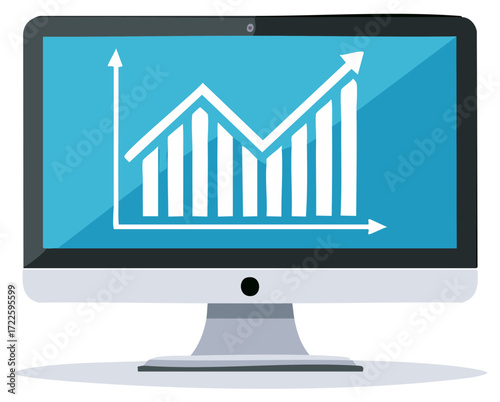 Modern Computer Displaying a Progress Graph Representing Growth and Analytics on a Blue Screen