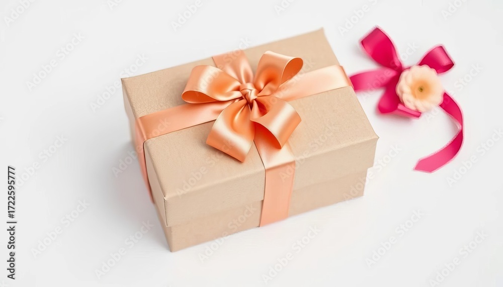 Obraz premium Elegant kraft gift box with a satin ribbon on pristine white background, kraft box, gift box