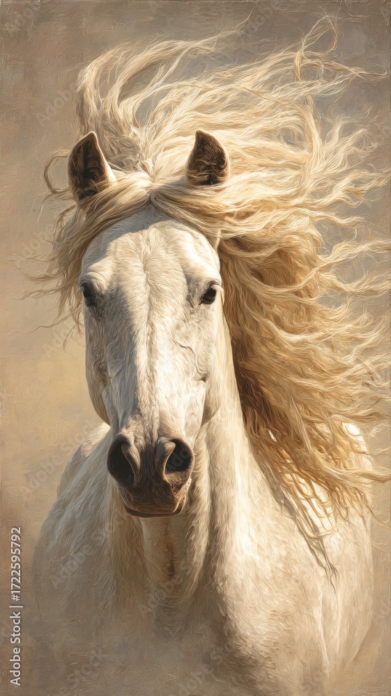 Obraz premium 風になびくたてがみが美しい白馬のアップ写真。動物や自然関連の素材に最適な馬の肖像写真。