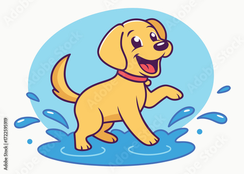 Adorable cartoon puppy splashing in water with blue circle background golden retriever illustration