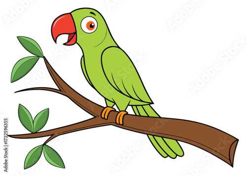 Cartoon green parrot with red beak sitting on a tree branch with leaves bird