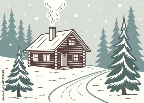 Cozy log cabin in a snowy forest with smoke rising from chimney house winter