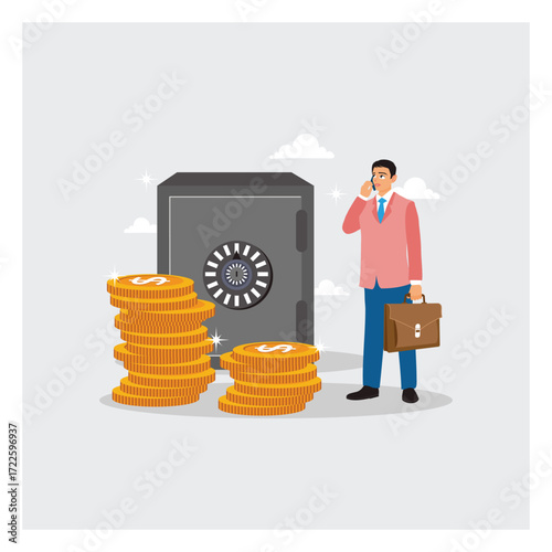 Businessman With Safe And Stacks Of Coins Showcasing Wealth, Savings, And Financial Security.