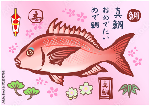 筆で描いた「鯛」のイラストとロゴのセット。様々な種類の「鯛／真鯛」の印、ロゴ、お祝いのイラストのセット。A set of brush-drawn illustrations and logos of "Tai" (sea bream). A set of various types of "Tai" (red sea bream) signs and logos.