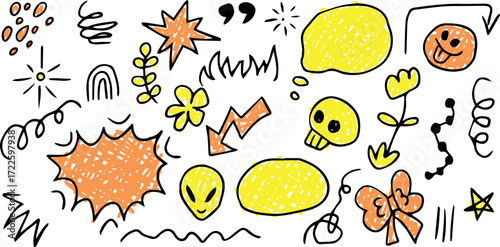 Sketch icons hand drawn, children draw style, grunge style icon set. Skull, alien, bow, flower, star, smiley, twig with leaves. Painted with yellow and orange brush. Decorative doodle icon