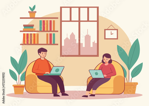 Man and woman working on laptops in armchairs with bookshelf and window view of city remote work home office