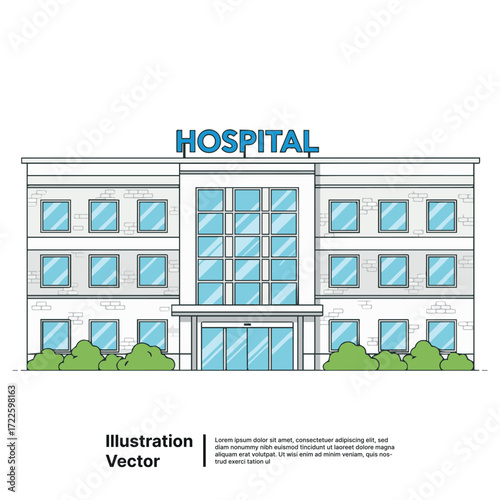 Modern healthcare facility building exterior design. Front view of a contemporary hospital with blue windows and green bushes illustration