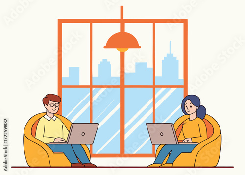 Man and woman working on laptops in beanbag chairs with large window view of city remote work freelance