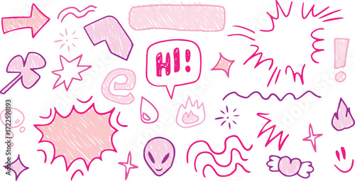 Sketch icons hand drawn, children draw style, grunge style icon set. Alien purple head, heart, high text, fire, waves, explosion. Painted with pink and purple lines using a brush. Decorative doodle 