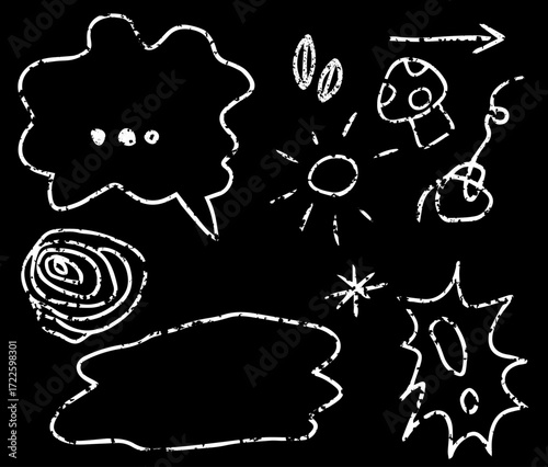 Speech bubble, sun, fly agaric, exclamation mark, arrows. Drawn with curved white peeling lines on a black background. Decorative doodle icon