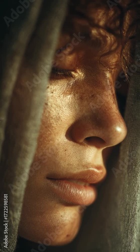 A close-up portrait capturing deep emotions, highlighting the beauty of natural features and the essence of human expression.