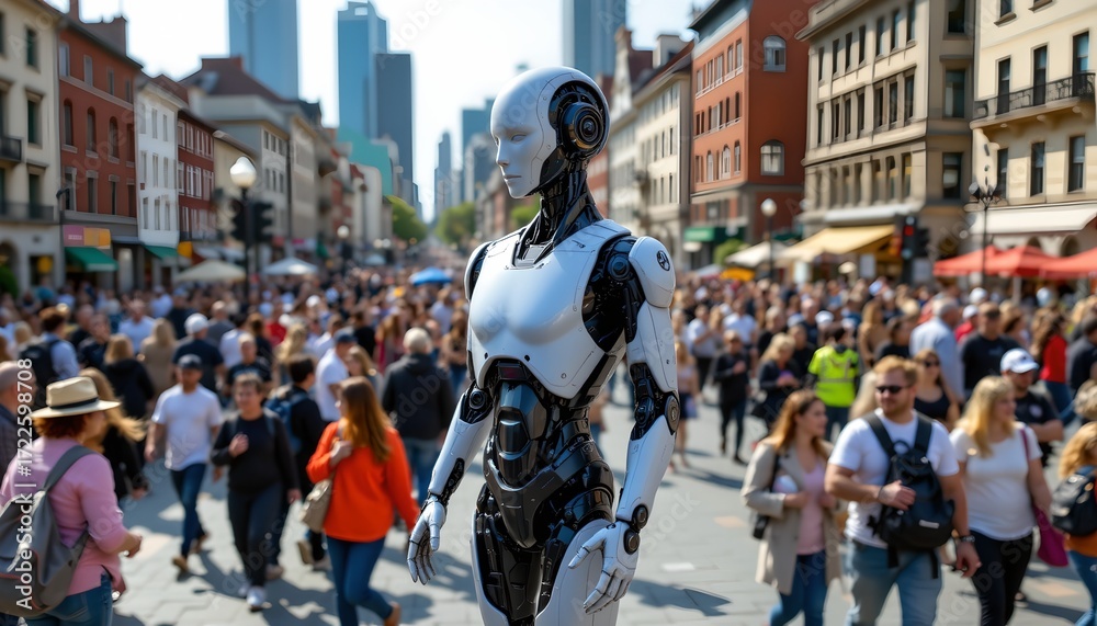 Fototapeta premium In the heart of a bustling city square, a large robot statue stands tall, overseeing the lively crowd below