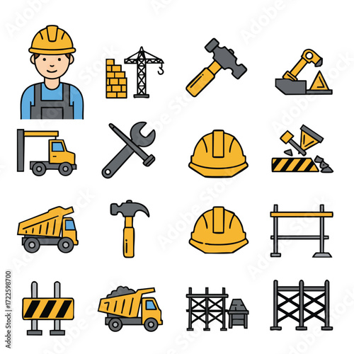 A vibrant collection of flat-design construction industry icons, showcasing essential elements like workers, heavy machinery, tools, and safety equipment.