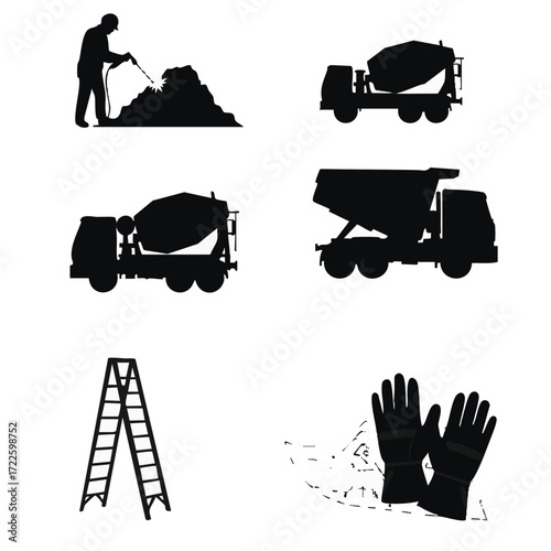 Black silhouettes of construction elements: vehicles, worker, ladder, and gloves, symbolizing industrial labor and the building sector.