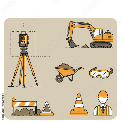 This vector illustration presents a comprehensive collection of essential construction and surveying equipment, safety gear, and site elements.