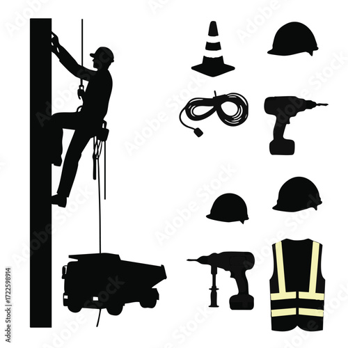This versatile vector collection of black silhouettes features a utility worker climbing a pole, a heavy truck, essential safety gear, and various power tools.