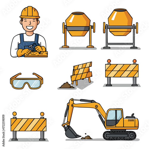 An illustration set showcasing various essential elements of a construction site, including a worker, heavy machinery, safety equipment, and barriers.