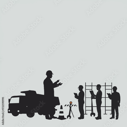 Silhouetted construction workers in hard hats attend a crucial site meeting, discussing plans and safety, symbolizing teamwork and professional coordination.